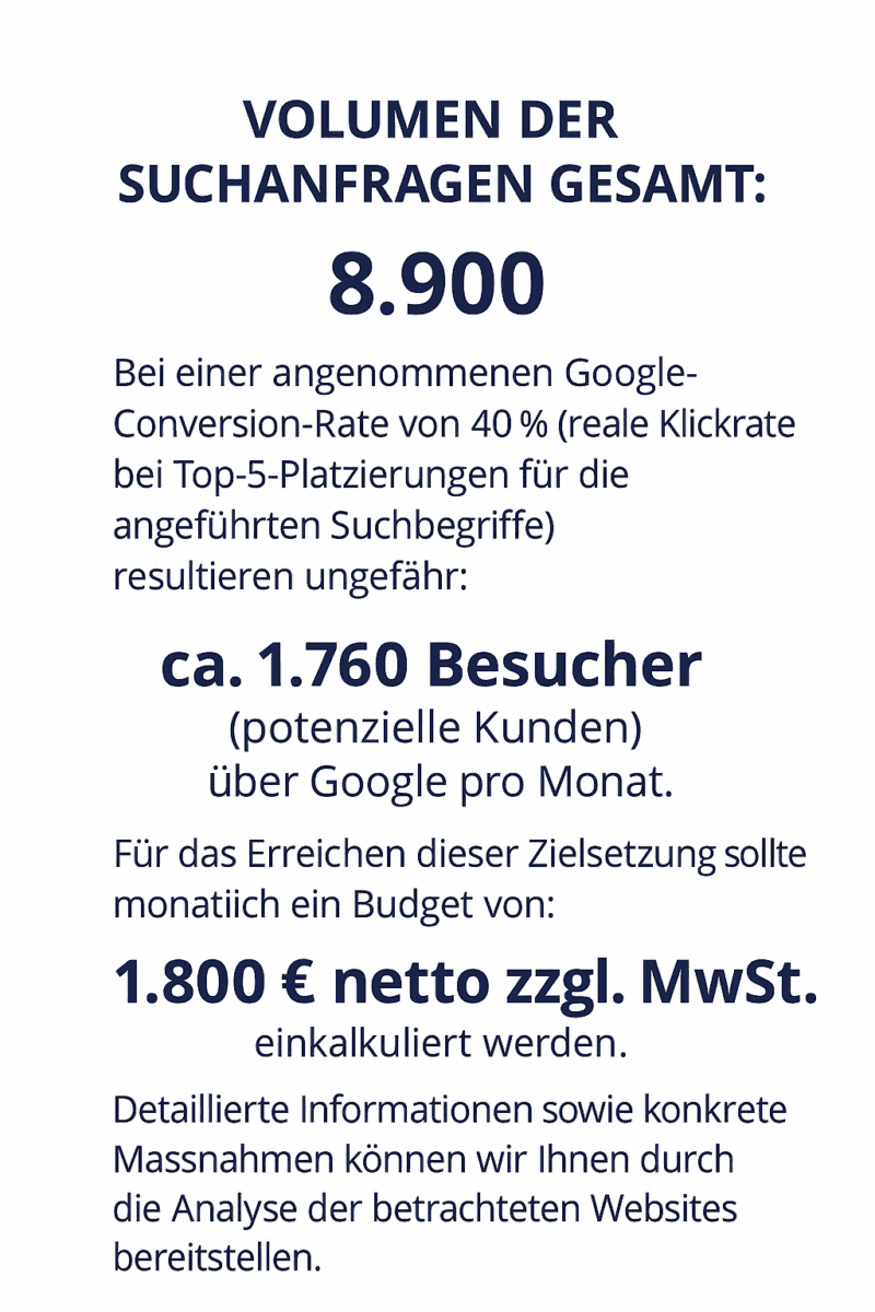 Screenshot 2 Infografik zu Suchvolumen, Besucherpotenzial und empfohlener Budgethöhe für Google-Optimierung.