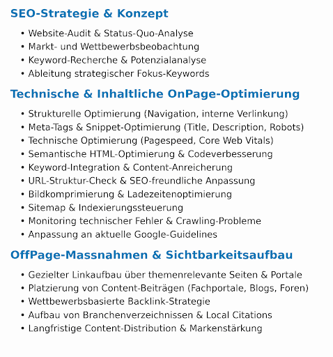 Seo strategie Liste zentraler SEO-Leistungen zu Strategie, OnPage-Optimierung sowie OffPage-Massnahmen.