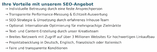 Vorteile Seo-angebot Liste der Vorteile des SEO-Angebots.