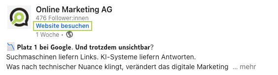 LinkedIn-sichtbar-werden-sichtbar-bleiben_link-beispiel LinkedIn-Post der Online Marketing AG mit Vorschau auf einen Artikel zum Thema Google-Rankings.
