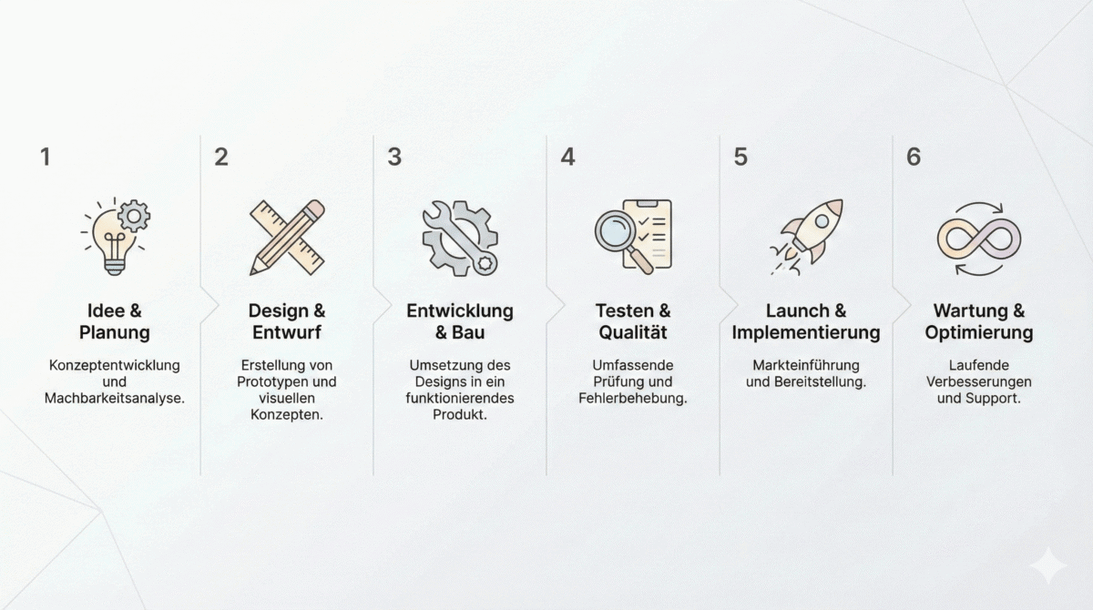 Prozessgrafiken Grafik mit sechs Prozessschritten von Idee bis Wartung, jeweils mit Icons.